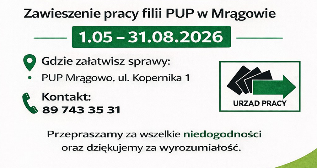 Ważne: Czasowe zawieszenie pracy filii Powiatowego Urzędu Pracy w Mikołajkach